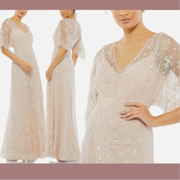 NWT $598 Mac Duggal [ 12 ] V Neck Flutter Sleeve Embellished‎ Mesh Gown Blush - Picture 1 of 15